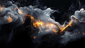 Abstract smoke and light interplay in a dark void, creating ethereal beauty and captivating depth with glowing embers. photo
