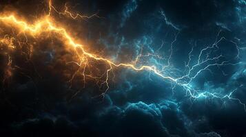 Dynamic sky illuminated by an electrifying clash of contrasting lightning bolts, showcasing nature's power. Dramatic, intense, and atmospheric. photo