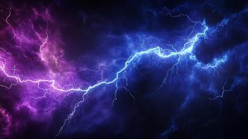 Intense lightning strikes across a dramatic sky, illuminating swirling clouds with vibrant purple and blue hues, creating an electrifying spectacle. photo