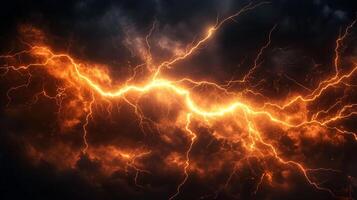 A dramatic sky illuminated by a powerful display of bright, orange lightning streaking across dark and ominous clouds. Eerie and intense. photo