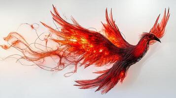 Fiery bird art. An intricate phoenix sculpture with vibrant red and orange hues, created using wire and fabric. photo