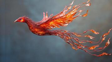 Artistic rendering of a majestic bird in flight, its form radiating fiery hues. The creature embodies freedom, resilience, and beauty. photo