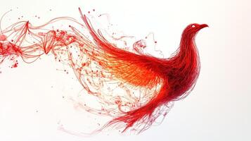 Abstract avian artwork depicting a radiant, fiery red bird in mid-flight, captured with dynamic lines and vivid color against a bright background. photo