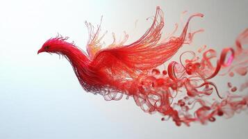 Fiery bird in mid-flight with stylized plume. Rendered in red, orange and gold. Mythical creature representation. photo