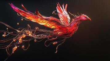 Fiery avian design, a phoenix of interwoven lines and glowing accents against a dark backdrop, symbolizing rebirth and energy. photo