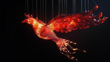 A brilliant avian sculpture, ablaze in fiery hues, suspended in darkness, a glowing testament to creativity and light. Abstract bird art. photo