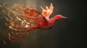 Artistic red bird sculpture in flight, crafted from wire. Ethereal glowing details. Captures movement and delicate design. photo