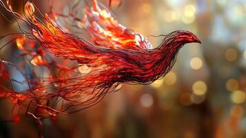 Fiery bird artwork, a vibrant phoenix-like creature soaring through a warm, bokeh-lit space. Energy and grace converge in this fantasy art piece. photo