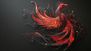 Abstract phoenix with fiery red plumage and intricate swirls rising from darkness, embodying rebirth and transformation in a minimalist style. photo