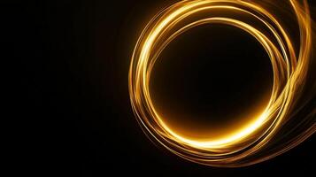Abstract gold light trails in circular formation, creating a glowing and dynamic design against a dark background, evokes energy. photo