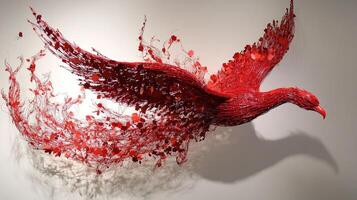 Red avian art piece constructed of wire and floral elements, displayed on a light backdrop, casting a subtle shadow. photo