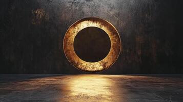 Abstract circular portal on a textured wall, illuminated with a warm golden light, creating a mysterious and inviting atmosphere. photo
