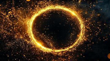 A golden ring of sparkling particles hovers against a deep, dark cosmic backdrop, suggesting a magical portal or celestial gateway. photo