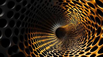 Abstract tunnel with repeating circular patterns and an optical illusion of depth, transitioning from dark to golden light. photo