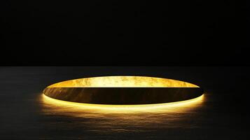 Abstract minimalist golden platform with moody lighting for product showcase or art display. Black background enhances the dramatic effect. photo