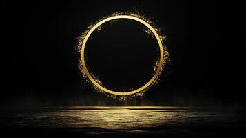 Abstract golden circle hovering over a dark surface, light reflecting off its surface, creating a magical and mysterious atmosphere. photo