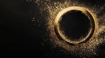 Golden ring with sparkling glitter on a black background. Luxury, elegance, and festive atmosphere. Perfect for invitations or graphics. photo