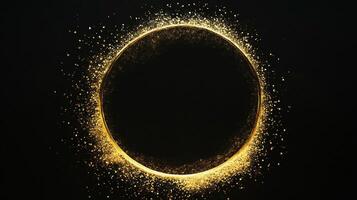 A captivating golden circle shimmers against a black background, exuding elegance and luxury, with glittering particles adding a touch of magic. photo