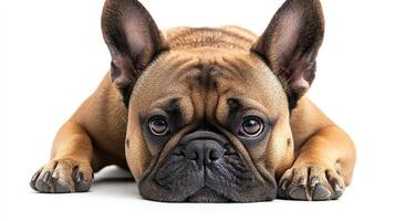 Adorable brown French Bulldog with puppy-dog eyes rests its head on a white surface, looking directly at the viewer with endearing expression. photo