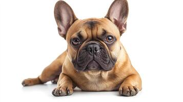 Adorable French Bulldog lounging on a white background. Its big ears are perked up, and its expressive eyes look forward. photo