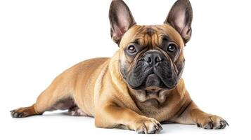 Tan bulldog resting on a white background. The dog has erect ears and a somber expression on its face as it relaxes in the light. photo