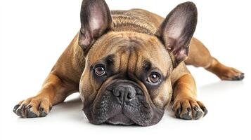 A tan dog with dark eyes lays low, with big ears, on a white surface, looking at the camera with a serious expression. photo
