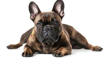 Portrait of a brown brindle dog laying with front legs stretched out. Eyes forward looking alert. Isolated on a white background photo