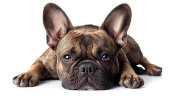 Brindle dog with large ears lying down, facing forward with a sweet expression. White background. Detailed fur texture is visible. photo