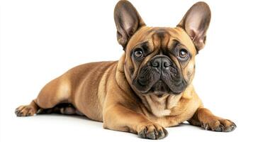 A fawn French Bulldog with perked ears attentively stares forward while laying down against a stark white backdrop in a studio setting. photo