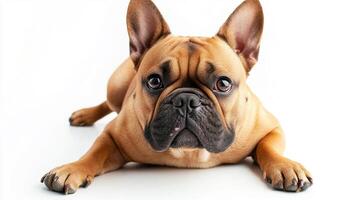 A fawn colored dog with floppy ears is lying down, looking directly at the viewer with a curious expression on a white studio background. photo