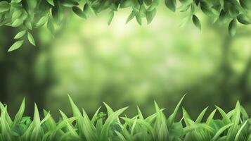 Lush green frame with verdant leaves above and vibrant grass below, creating a serene and inviting natural backdrop. Soft, dreamy background. photo