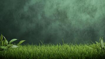 An illustrative image of a grassy field with a few plants on the ground. The background is a blurry faded green, which gives it a dreamy effect. photo