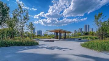 A modern gazebo sits on a paved terrace surrounded by lush greenery and a skyline backdrop on a partly cloudy day, offering a peaceful escape. photo