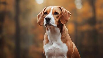 Majestic hound dog with a noble expression poses in front of a blurred autumn backdrop, radiating quiet confidence and charm. photo