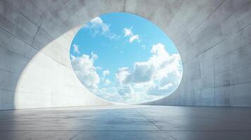 Architectural concrete structure with circular opening revealing a bright sky filled with clouds, creating a serene and modern atmosphere. photo