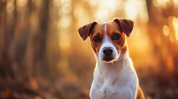Portrait of a Brown and White Dog with a Forest Background. The dog stares directly into the camera with a thoughtful expression. photo
