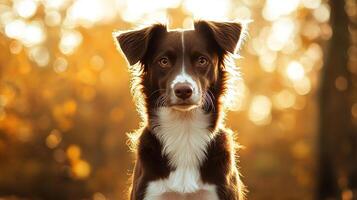 Portrait of a brown and white dog in a sunlit autumn setting, looking directly at the camera with a serene expression. photo