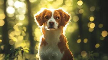 Brittany Spaniel dog with orange and white fur in a sun-drenched forest setting. A beautiful animal portrait with golden bokeh. photo