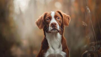 Brittany Spaniel with autumn background. Beautiful dog with brown and white fur looks with curious expression at the camera. photo