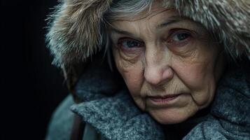 Close-up of a mature woman in a winter coat with a fur-lined hood, against a dark background. Her weathered face shows a strong character. photo