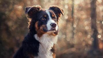 A tri-color dog looks to the side with bright eyes. The background is blurred with earthy tones, suggesting an outdoor setting. photo