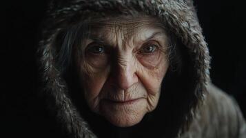 An elderly woman with weathered skin and piercing eyes, shrouded in a fur-trimmed hood, evokes a sense of timeless wisdom and resilience. photo