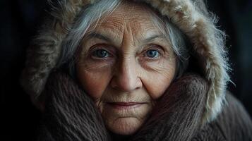 Elderly woman in a fur-lined hood, capturing a moment of serenity and wisdom with a warm, comforting style and a focused look. photo