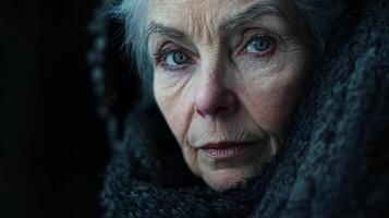 Intense portrait of an older woman with striking blue eyes, wrapped in a dark shawl, conveying a sense of vulnerability and quiet strength. photo