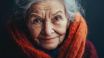 A portrait of an elderly woman with warm eyes and a scarf, radiating wisdom and comfort. Her gentle smile hints at a lifetime of stories. photo