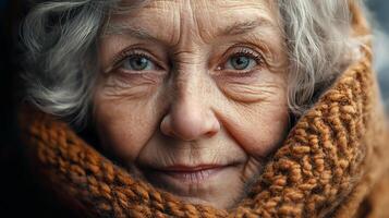 Serene portrait of an elderly woman with kind eyes and wrinkles, wrapped in a cozy, textured shawl. Warmth and wisdom radiate from her. photo