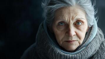 An old woman with gray hair and striking blue eyes peers forward intently, wearing a cozy, oversized gray sweater in a dark setting. photo