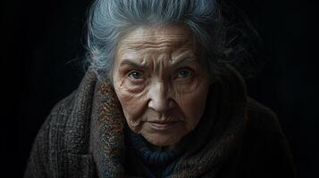 Elderly woman with gray hair and intense gaze, conveying wisdom, resilience, and a life lived. Close-up on dark background for dramatic effect. photo