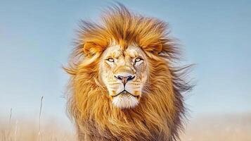 Majestic lion portrait showcasing its impressive mane against a clear blue sky. A symbol of strength and royalty in the animal kingdom. photo