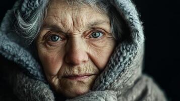 Elderly woman's portrait, with a penetrating gaze reflecting life's journey, showcasing resilience and serenity. Her eyes tell stories. photo